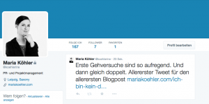 Erster Tweet als @koehlerine, 21.05.2015, 21:16 Uhr